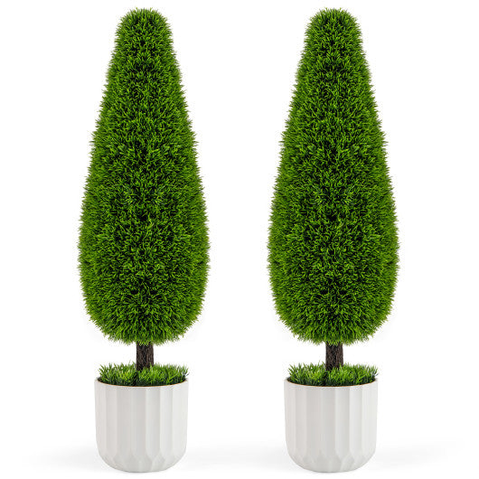 2 Pack 3 Feet Artificial Cedar Teardrop Shaped Bush with Plastic Nursery Pot-Green