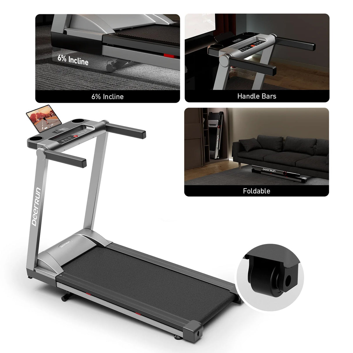 DeerRun A1 Pro Move+  6% Incline Foldable Treadmill——2025 Upgraded Chip & NFC Support | 350Lbs, 10mph Silver