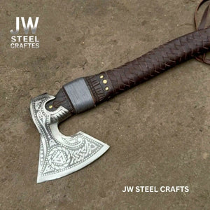 Engraved Norse Valknut Hatchet with Braided Leather Handle