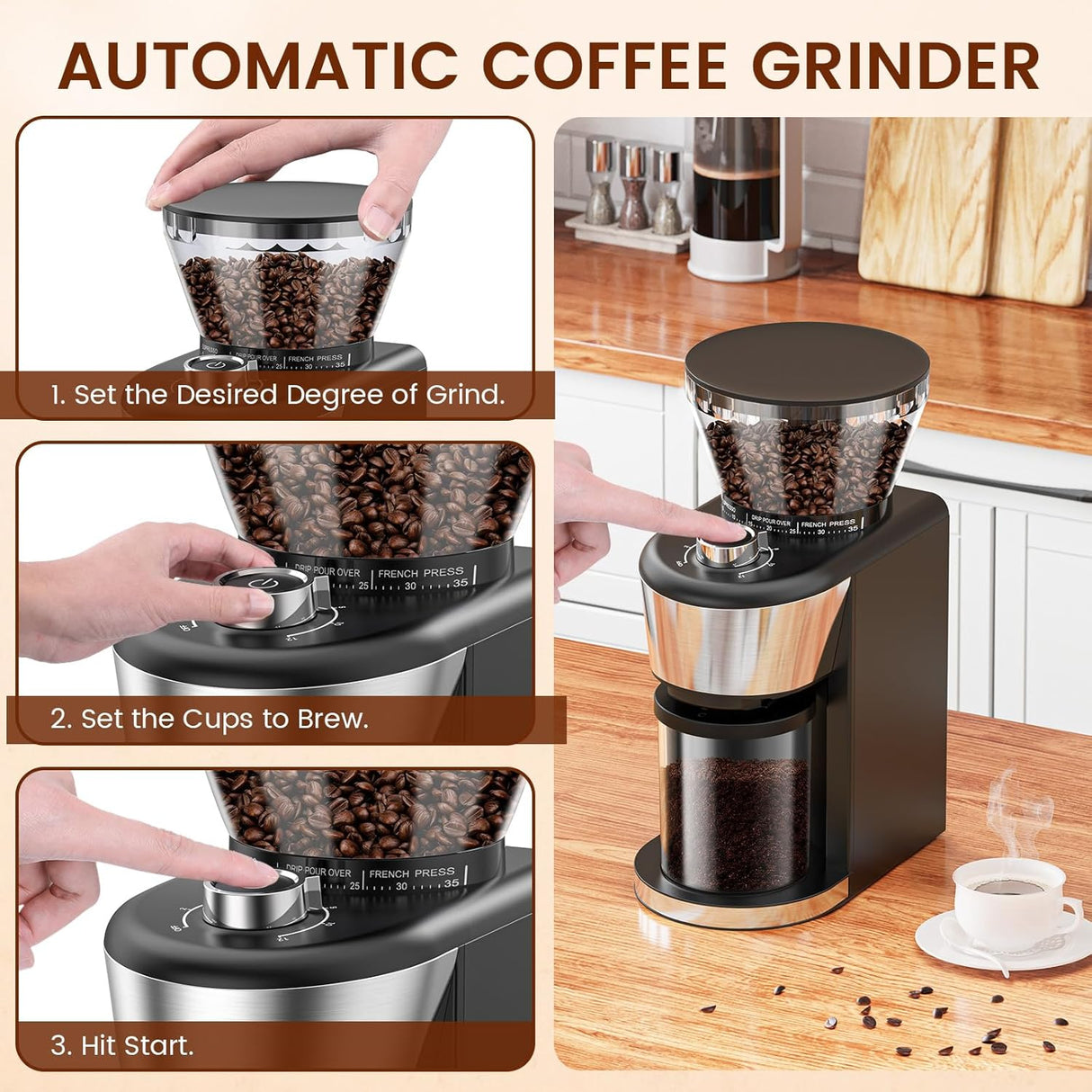 Automatic Coffee Grinder, Electric Burr One-Touch Grinder with 35 Grind Settings for Drip/Espresso/PourOver/ColdBrew, 2-12 Cup Dose Selection B8002