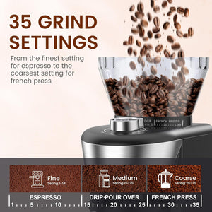Automatic Coffee Grinder, Electric Burr One-Touch Grinder with 35 Grind Settings for Drip/Espresso/PourOver/ColdBrew, 2-12 Cup Dose Selection B8002