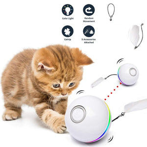 Automatic Smart Cat Toys Ball Interactive Catnip USB Rechargeable Self Rotating Colorful Led Feather Bells Toys for Cats Kitten Build-in Spinning Led Light Stimulate Hunting Instinct
