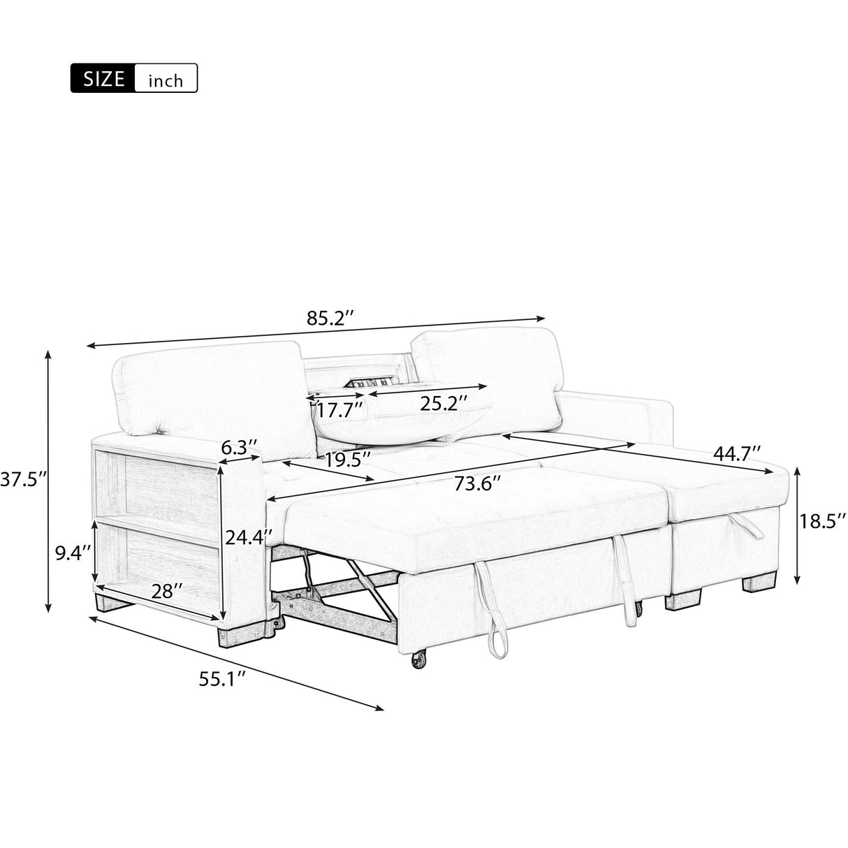 Stylish And Functional Light Chaise Lounge Sectional With Storage Rack Pull-Out Bed Drop Down Table And USB Charger by Couch.com