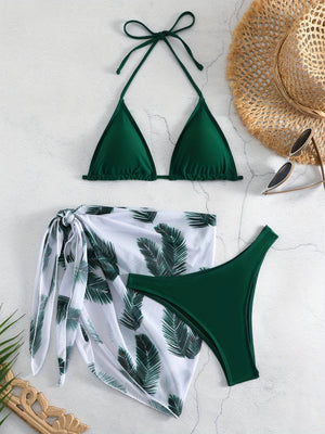 Feather Luxe 3-Piece Bikini Set – Exotic Feather Print Halter Neck Backless Swimsuit with High Cut Tie Back Bottoms and Wrap Cover-Up – Women’s High-Stretch Comfortable Swimwear for Summer Beach & Pool Vacations