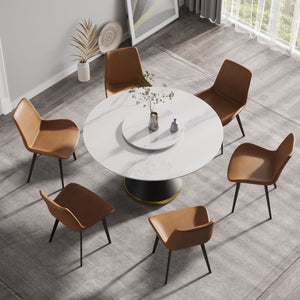 Couch.com 53" Modern Artificial Stone Round Carbon Steel Base Dining Table, Can Accommodate 6 People, Artificial Stone Turntable White / Black, Durable Design, Easy to Clean by Couch.com