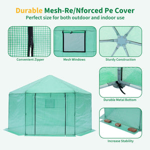 Walk-in Greenhouse Hexagonal Upgrade Reinforced Frame Heavy Duty Plastic Greenhouse Reinforced Thickened Waterproof Insulation (13.1*8.6 ft) - Green by Couch.com