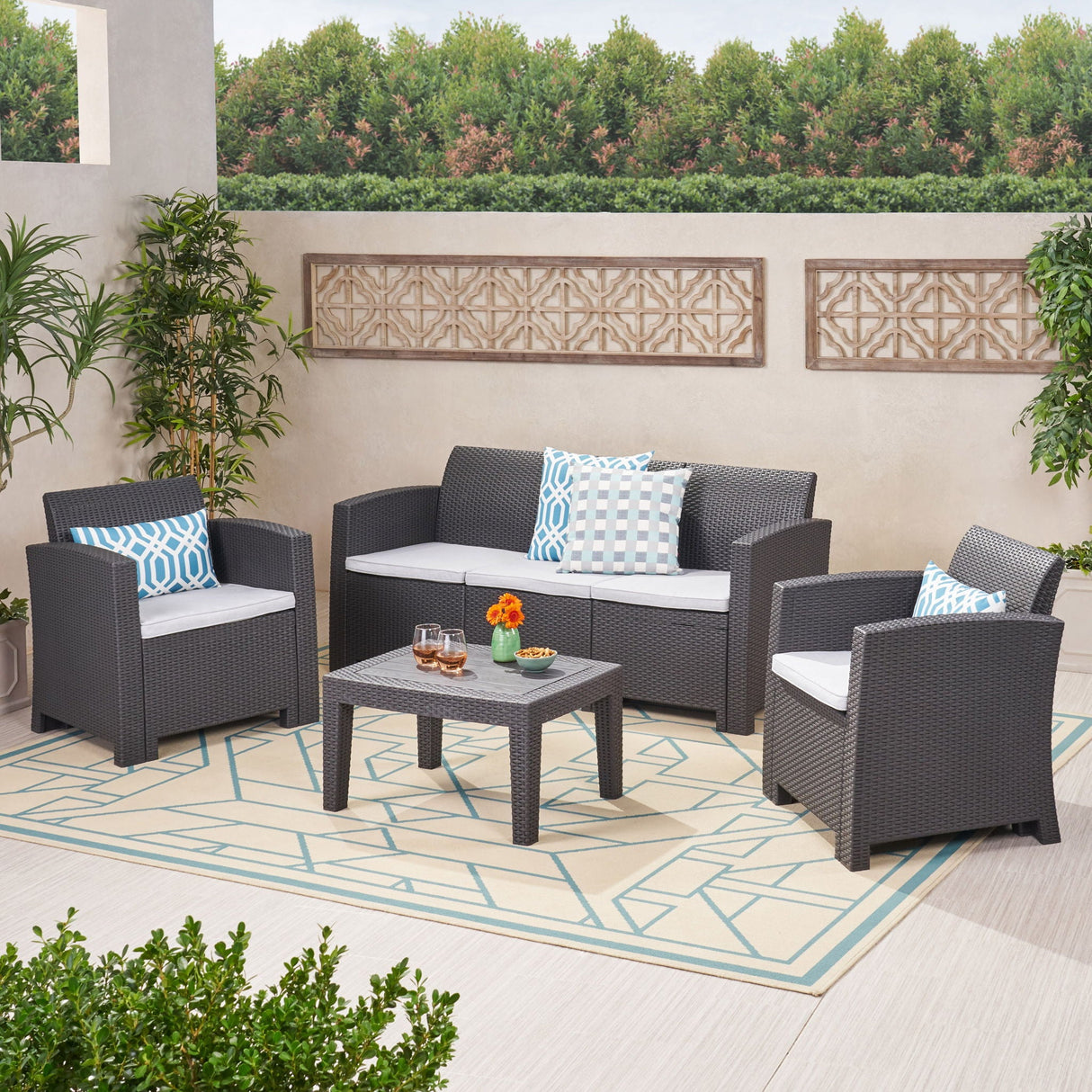 Velvora - Outdoor Wicker Set With 3 Seater Sofa, 2 Club Chairs, Coffee Table And Cushions - Brown by Couch.com