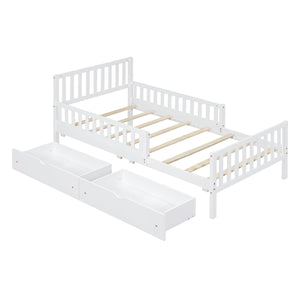 The Platform Bed With Guardrails On Both Sides And 2 Storage Drawers is crafted in white wood with slatted sides and a slatted base. It features two pull-out storage drawers underneath, providing simple and clean design ideal for a child's room.