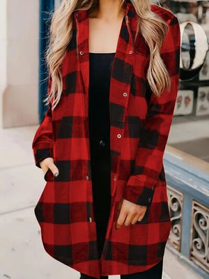Deep Red Plaid Collared Neck Snap-Down Long Sleeve Jacket – Classic & Trendy Outerwear with Pockets