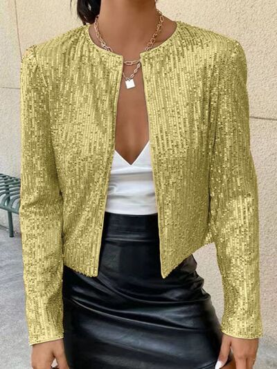 Elegant Women Full-Size Sequin Open Front Cropped Jacket With Glamorous Sparkle Luxury Women Party Jacket