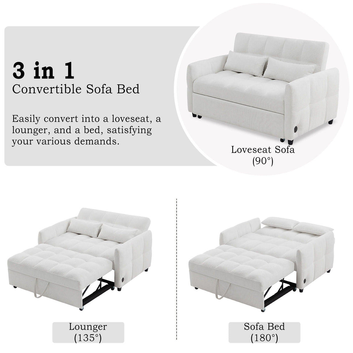 Loveseat Sofa Pull-Out Bed With Adjustable Backrest, 3 USB Ports And 2 Lumbar Pillows For Living Room by Couch.com