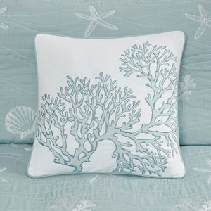 4 Piece Cotton Reversible Embroidered Quilt Set with Throw Pillow Aqua King/Cal King