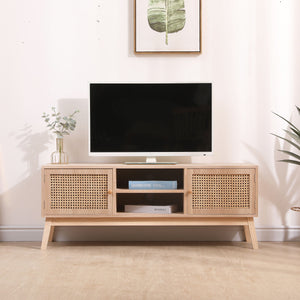 Superjare Boho TV Stand For 55" TV, Entertainment Center With Adjustable Shelf, Real Rattan TV Console With 2 Cabinets, Media Console, Solid Wood Feet, 2 Cord Holes, For Living Room - Natural by Couch.com