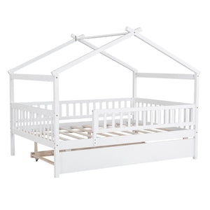 The Creativity House Bed with Twin Size Trundle is a white, house-shaped bed frame featuring a slatted base, railings on three sides, and an uncovered roof-like structure. It includes a pull-out trundle bed beneath and boasts a simple, modern design.