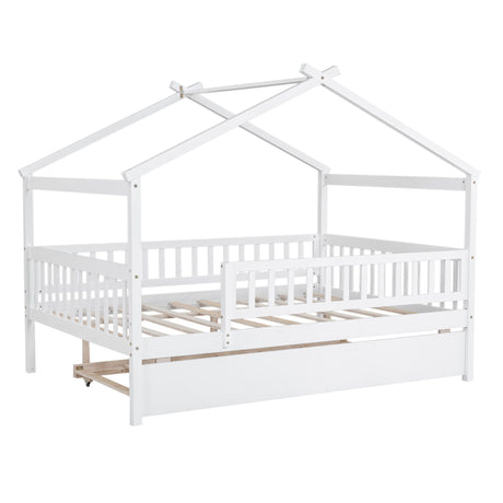 The Creativity House Bed with Twin Size Trundle is a white, house-shaped bed frame featuring a slatted base, railings on three sides, and an uncovered roof-like structure. It includes a pull-out trundle bed beneath and boasts a simple, modern design.