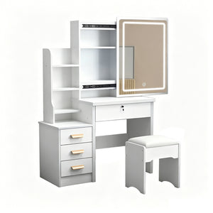 Fashion Vanity Desk with Mirror and Lights for Makeup and Chair, White MDF Vanity Set with 3 Color Adjustable LED Lighting, 4 Drawers