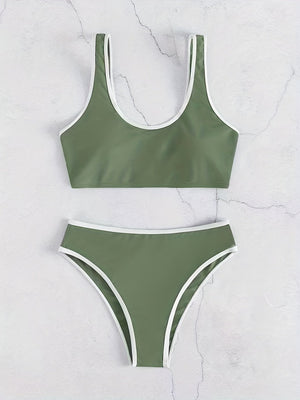 Bikini Scoop Neck Contrast Trim 2 Piece Swimsuit for Women – High Stretch Casual Bikini Set with Scallop Edge Detail and Matching Swim Briefs – Stylish Solid Color Swimwear for Beach Days Pool Lounging and Summer Vacations