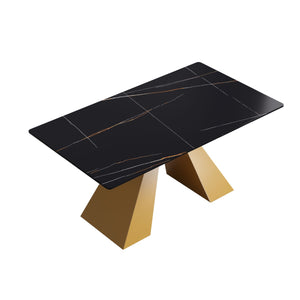63" Modern Artificial Stone Black Straight Edge Golden Metal Leg Dining Table, 6 People - Black / Gold by Couch.com