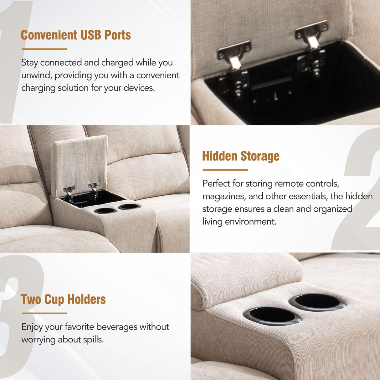 Modern Manual Reclining Living Room Furniture Set With USB Ports, Hidden Storage, Led Light Strip And 2 Cup Holders - Cream by Couch.com