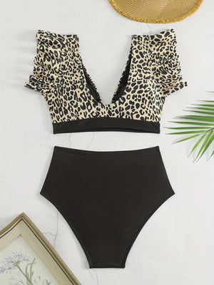 Bikini Black Solid Color Ruffle V Neck 2 Piece Swimsuit for Women – High Waisted Flattering Bikini Set with Lettuce Trim Bottoms – Sleek Stretchy Fabric Swimwear for Beach Days Poolside Style and Summer Vacation Looks