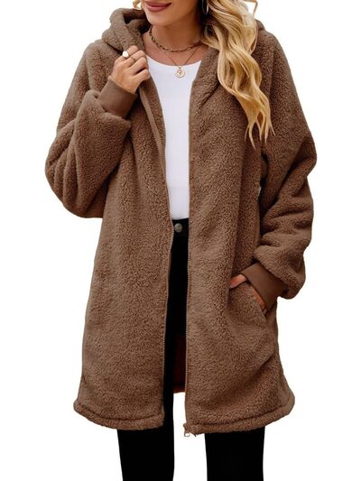 Comfortable Fuzzy Pocketed Zip-Up Long Sleeve Hooded Jacket Cozy & Warm Soft Outerwear For Winter