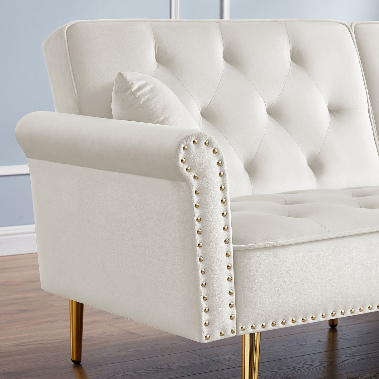 Velvet Tufted Sofa Couch With 2 Pillows And Nailhead Trim by Couch.com