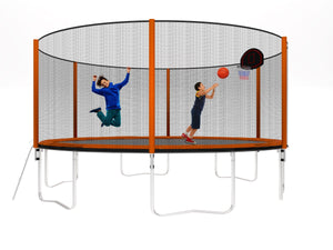 14Ft Powder-Coated Advanced Trampoline With Basketball Hoop Inflator And Ladder (Outer Safety Enclosure) - Orange by Couch.com