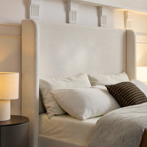 Caron Upholstered Wingback Bed with 52.3' High Headboard in Ivory Canvas Chenille