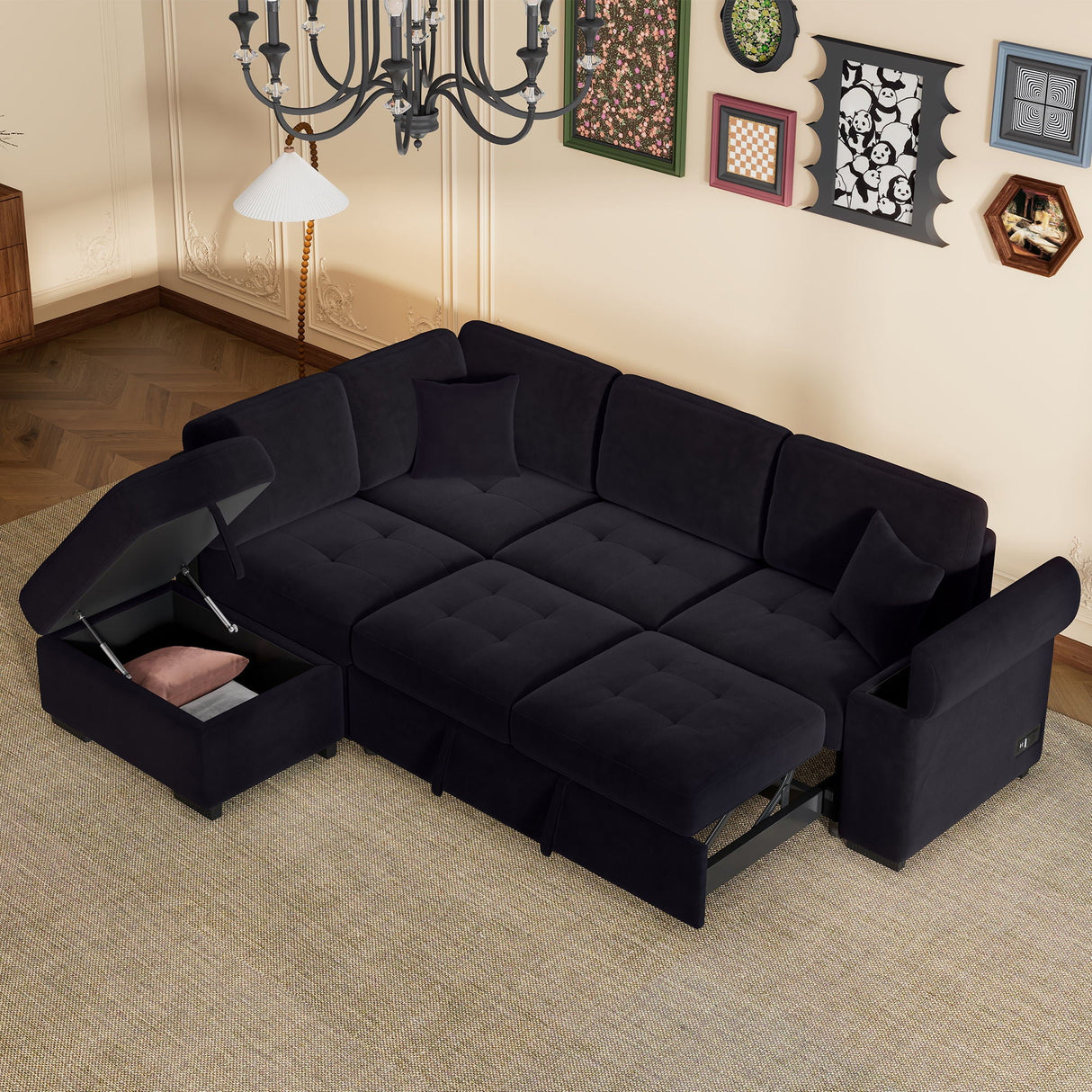 Sleeper Sectional Sofa, L-Shape Corner Couch Sofa Bed With Storage Ottoman & Hidden Arm Storage & USB Charge For Living Room Apartment by Couch.com
