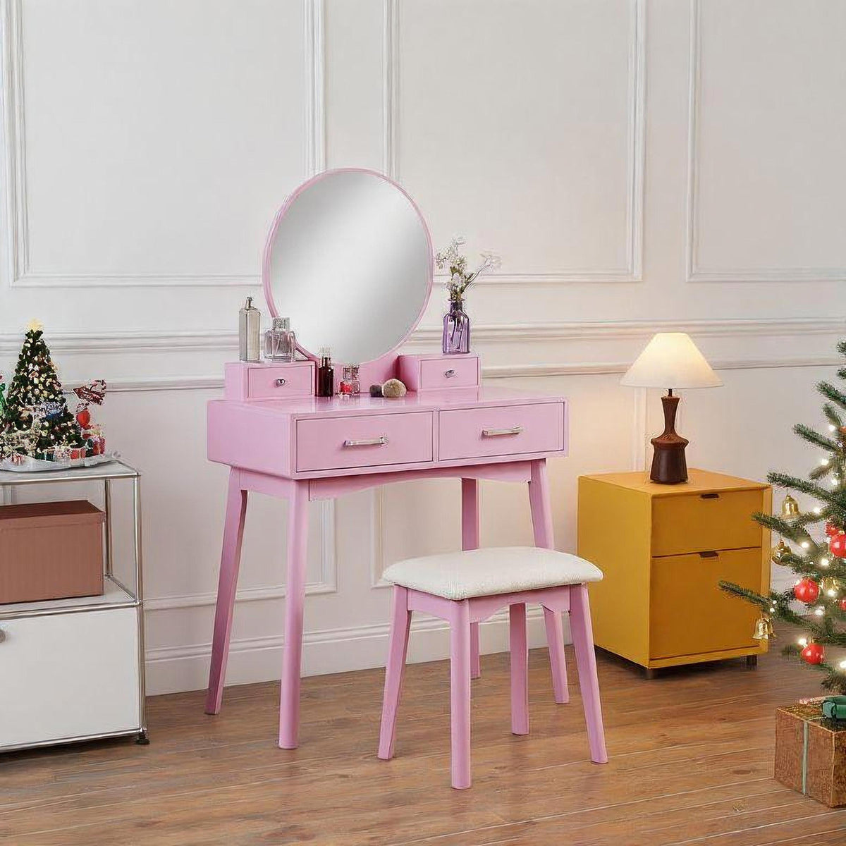 Liannon Contemporary Wood Vanity and Stool Set, Pink
