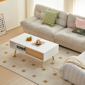 41.34" Rattan Coffee Table, Sliding Door For Storage, Solid Wood Legs, Modern Table For Living Room by Couch.com