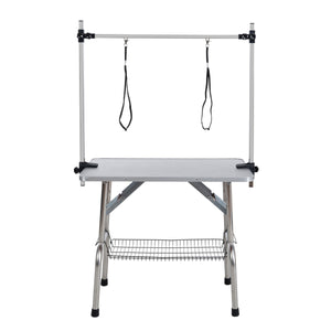 Silver-Gray Folding Pet Grooming Table with Stainless Steel Frame and Rubber Mat, Adjustable Arm and Clamps for Dogs and Cats, 46-Inch