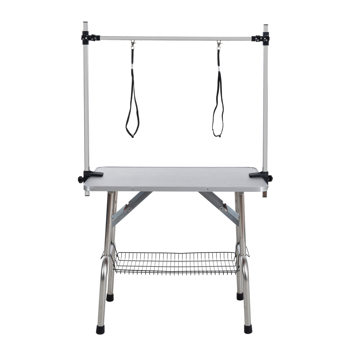 36' Folding Pet Grooming Table with Stainless Steel Frame, Rubber Mat Board, Adjustable Arm and Clamps in Silver-Gray Color
