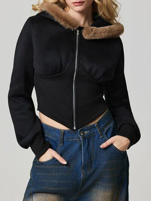 Black Fuzzy Hem Hooded Zip-Up Jacket With Long Sleeves and Casual Style Jacket