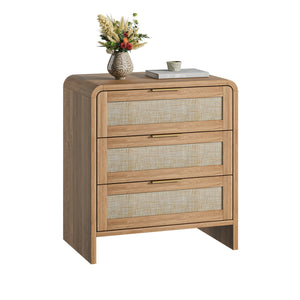 Rattan Nightstand Set of 2 with 3 Drawers in Caramel Oak