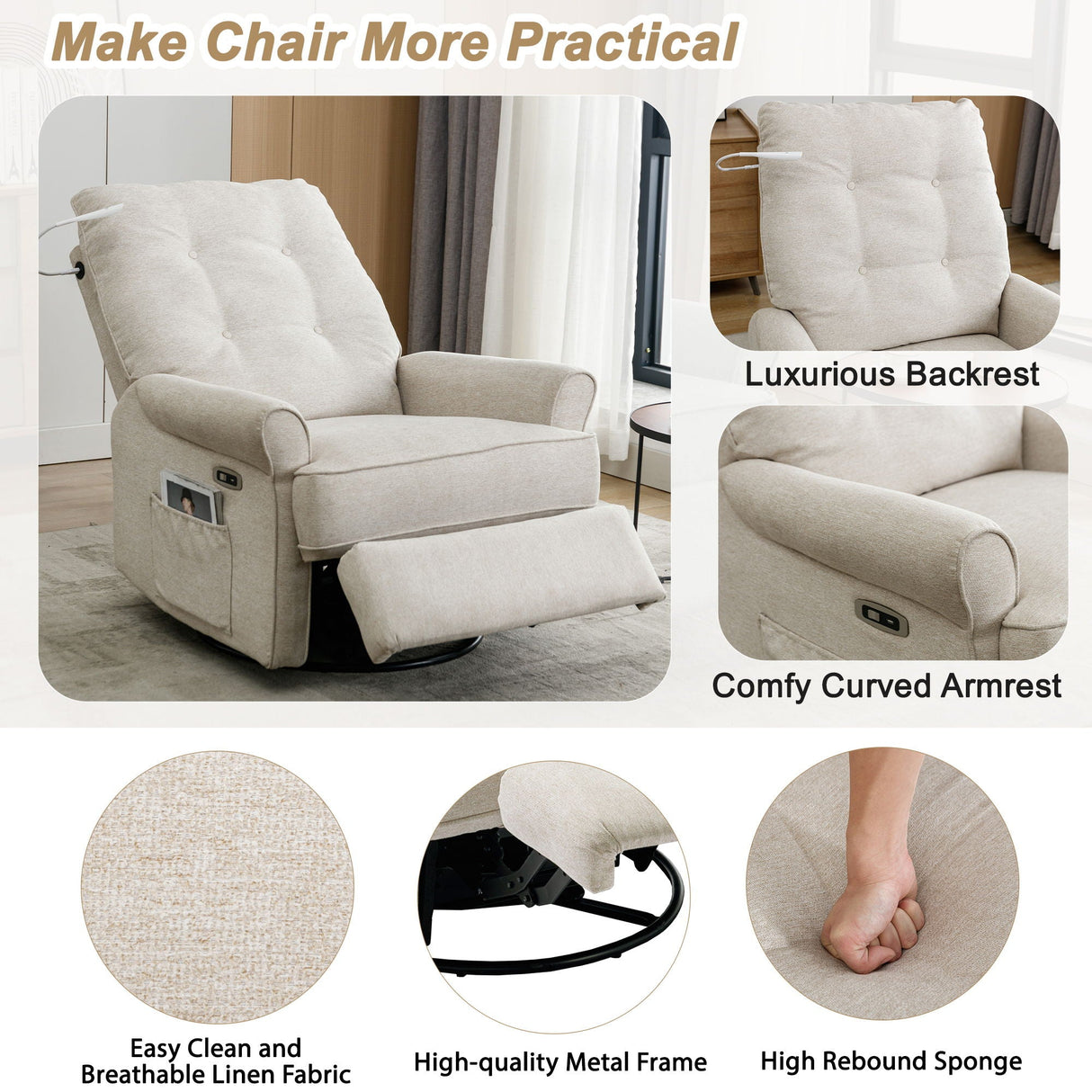 Reclining Chair 270 Degree Swivel Recliner Chairs With USB Port, Side Pocket And Touch Sensitive Lamp For Living Room, Bedroom by Couch.com