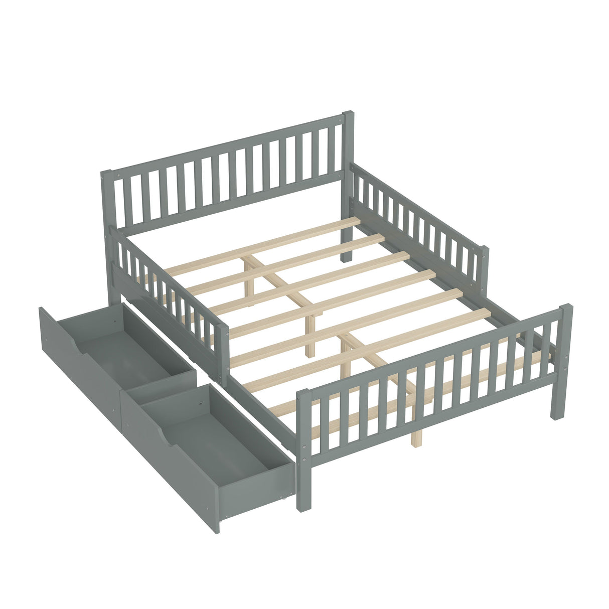 A 3D rendering shows the Platform Bed with guardrails on both sides and two pull-out storage drawers. This grey wooden bed frame has vertical slats on the headboard and footboard, supported by a sturdy crossbar structure.
