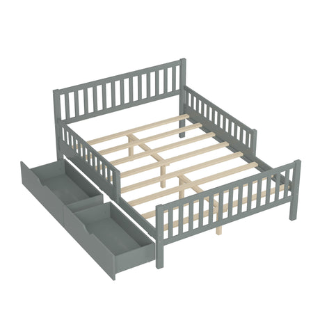 A 3D rendering shows the Platform Bed with guardrails on both sides and two pull-out storage drawers. This grey wooden bed frame has vertical slats on the headboard and footboard, supported by a sturdy crossbar structure.