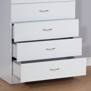 A white 5-drawer chest with silver metal handles rests against a light wall. Three drawers are open, one is closed, and the top drawer locks. The floor features light wood.