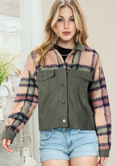 Plaid Corduroy Flap Pockets Button Up Jacket Trendy Outerwear With Classic Flap Pockets For Casual Comfort