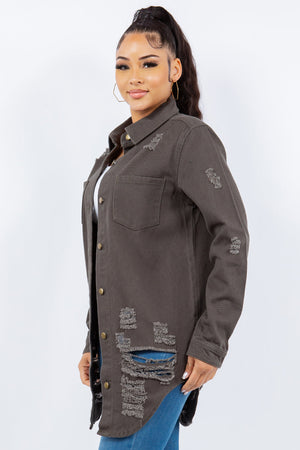 American Bazi Distressed Button Up Long Sleeve Jacket Trendy Buttoned Jacket with Distressed Finish for Women