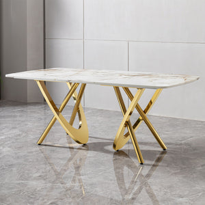 Marble Pattern Dining Table With Stainless Steel Base, Rectangular, Seats 6 Or 8 - Gold by Couch.com