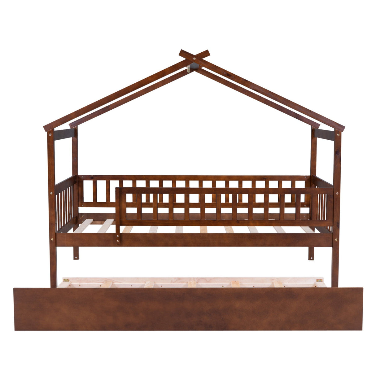 The Creativity House Bed features a wooden house-shaped frame with rich brown finish, an open rooftop design, guard rails on each side, and a twin-size trundle pull-out bed underneath.