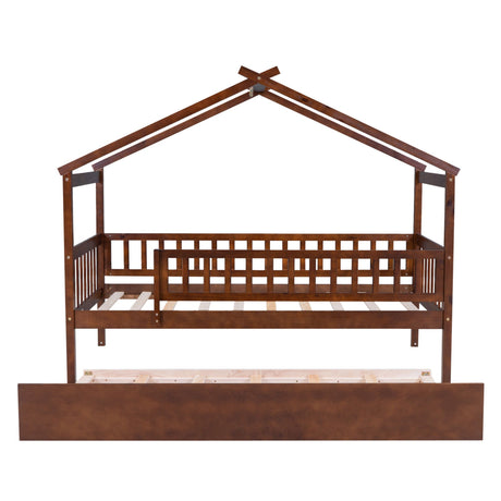 The Creativity House Bed features a wooden house-shaped frame with rich brown finish, an open rooftop design, guard rails on each side, and a twin-size trundle pull-out bed underneath.