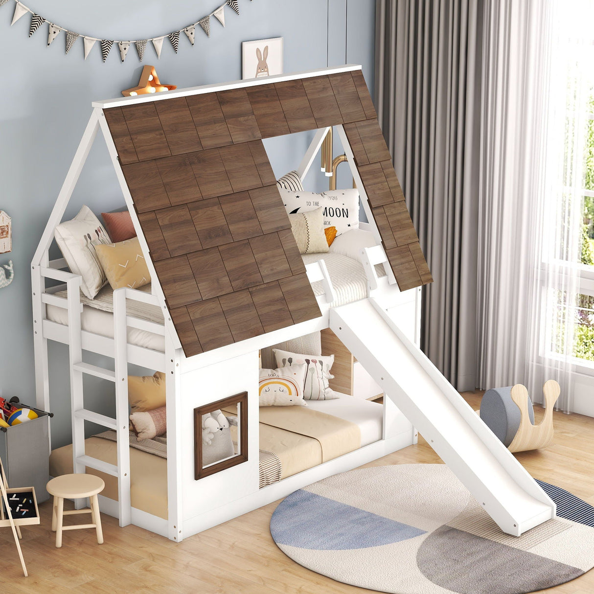 Wood Twin Size House Bunk Bed With Roof, Ladder And Slide - White / Brown by Couch.com