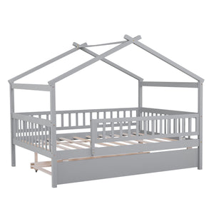 The Creativity House Bed features a gray wooden frame with a pitched roof and open slats, includes side safety rails, and a twin-size trundle drawer.