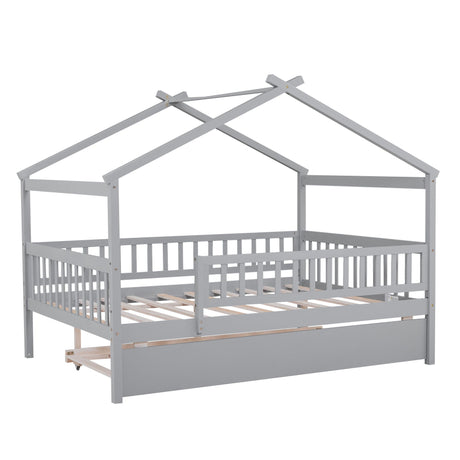 The Creativity House Bed features a gray wooden frame with a pitched roof and open slats, includes side safety rails, and a twin-size trundle drawer.