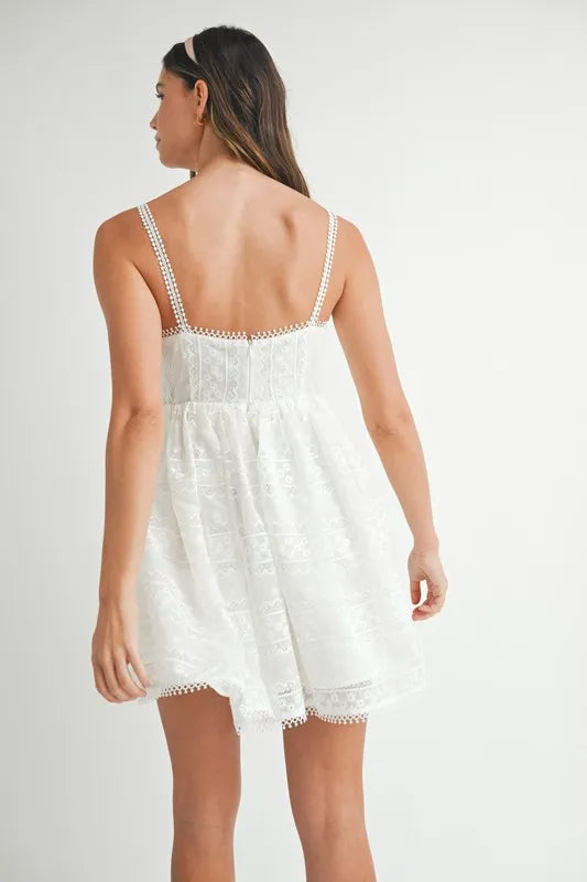 Eyelet Lace Babydoll Mini Cami Dress – Feminine Eyelet Lace Dress, Fluttering, Bohemian Babydoll Silhouette, Breezy Summer Dress, Casual Day Out Dress
