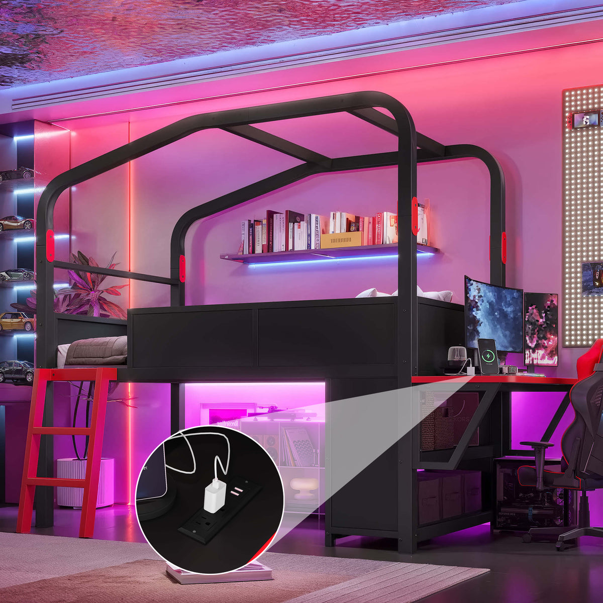 Twin Size Low Loft Bed featuring Side Desk and USB Ports, Gaming Style Metal Loft Bed with LED Lights, Storage Cabinets, and Chic Canopy Design, Black