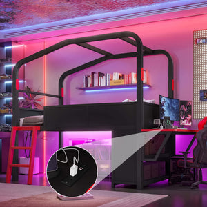 Twin Size Low Loft Bed featuring Side Desk and USB Ports, Gaming Style Metal Loft Bed with LED Lights, Storage Cabinets, and Chic Canopy Design, Black